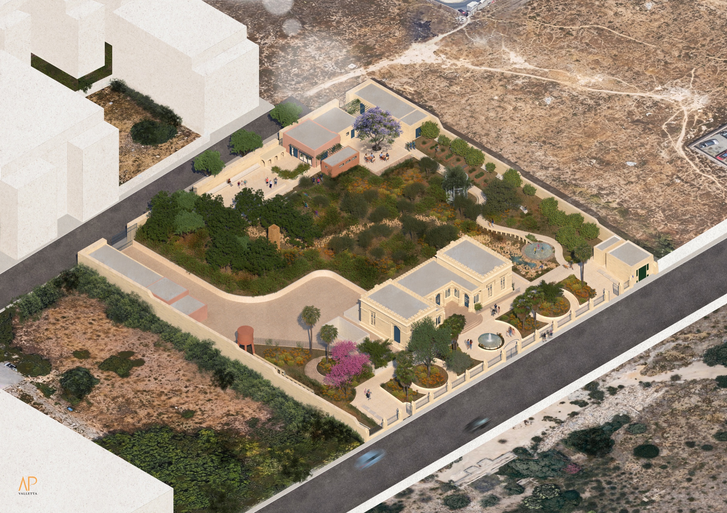 Isometric view showing the entire restored complex and gardens