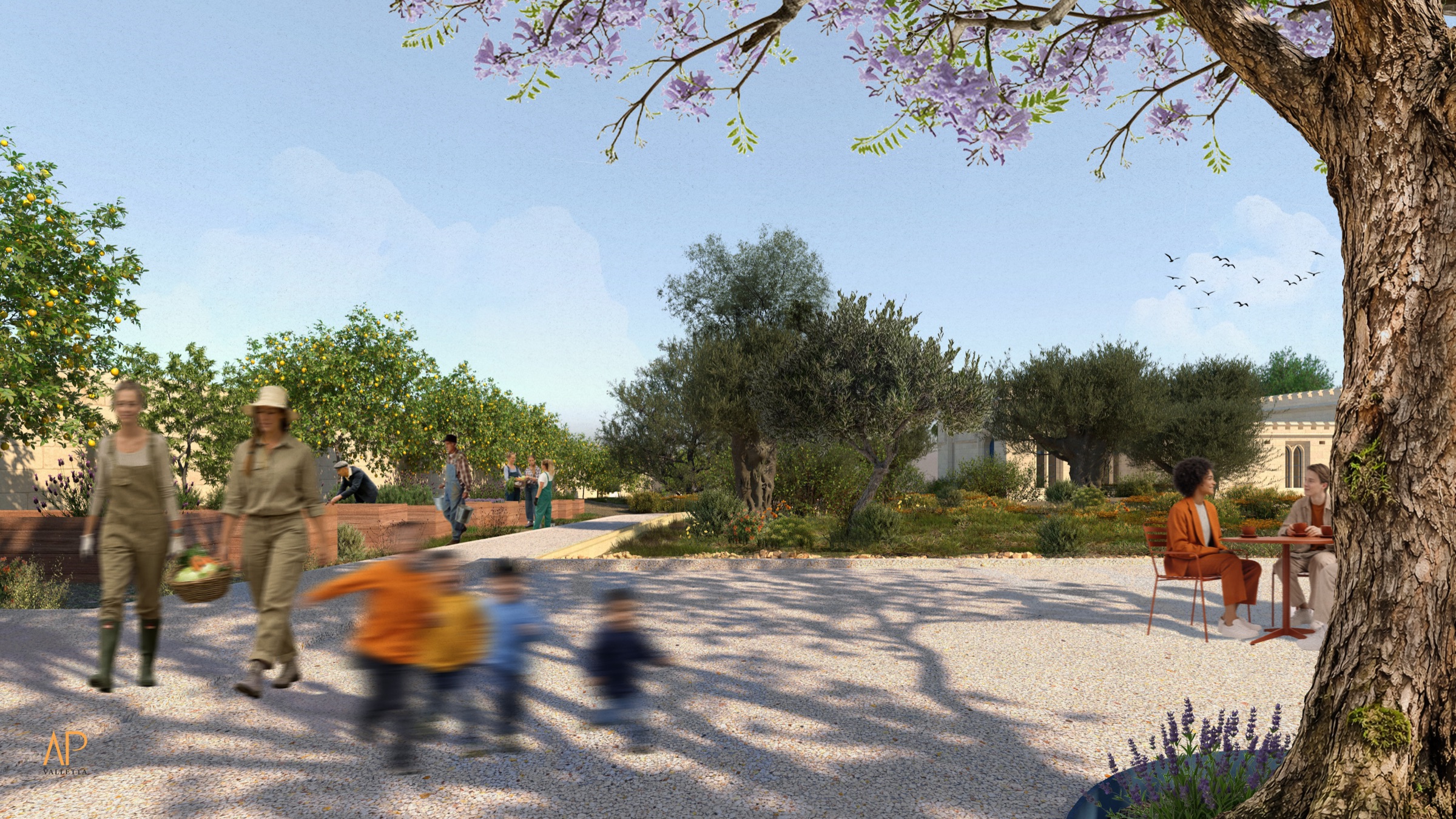 Render showing the rear piazza