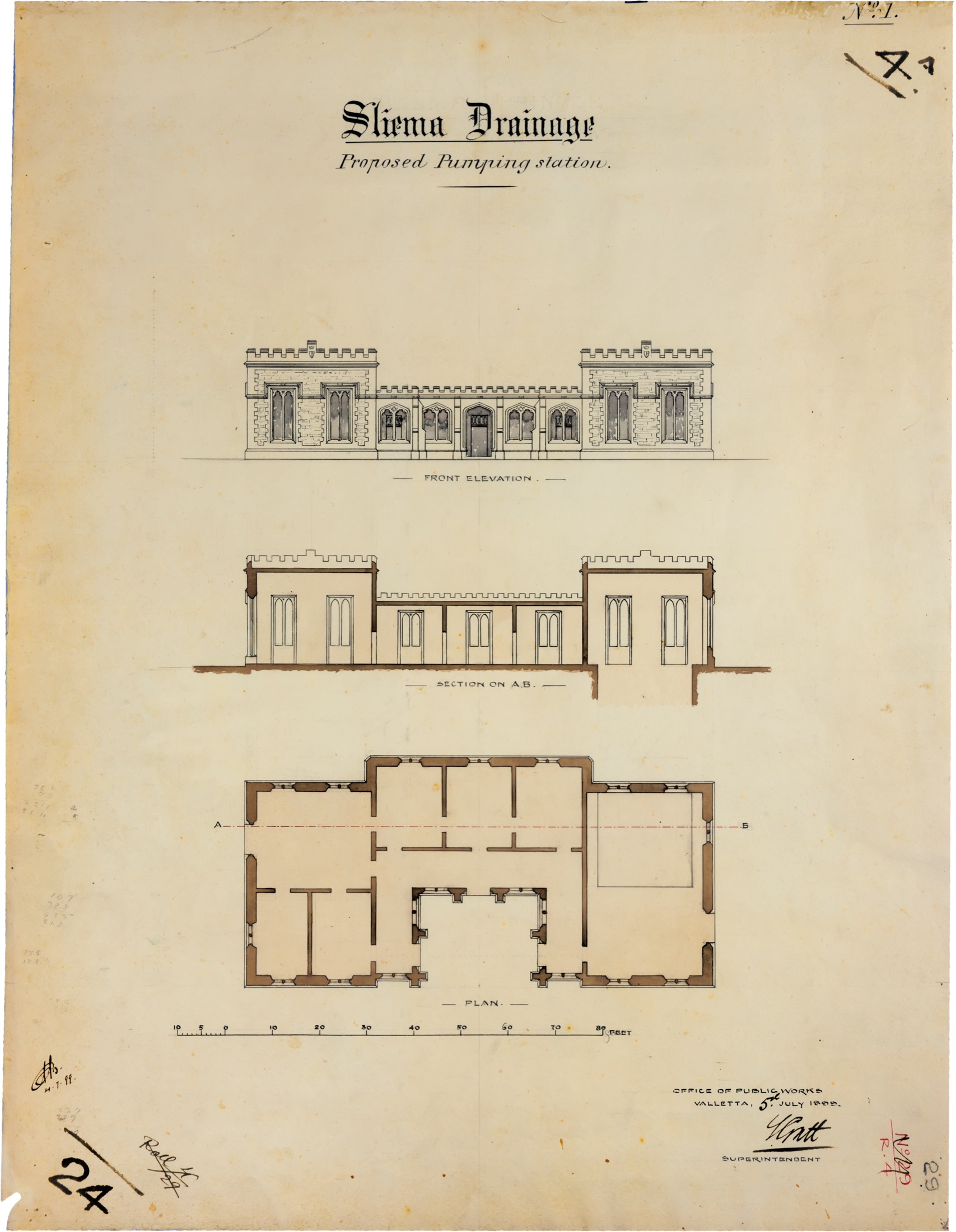 Original architectural plans of the Gżira pumping station